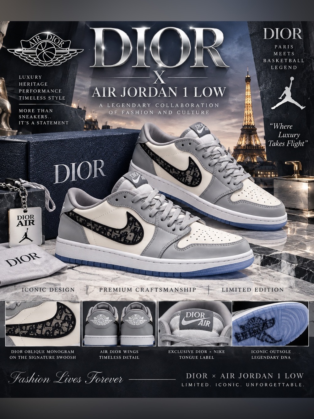 New!🔥Dior x Air Jordan 1 Low sneakers, featuring the iconic Dior sig Swoosh!🔥